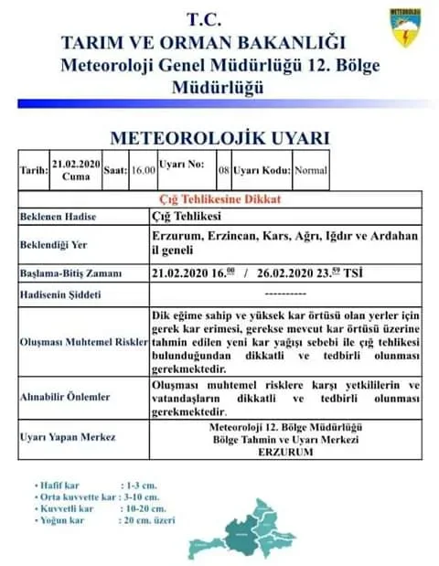 Meteorolojiden ilimiz için ÇIĞ TEHLİKESİ Uyarısı