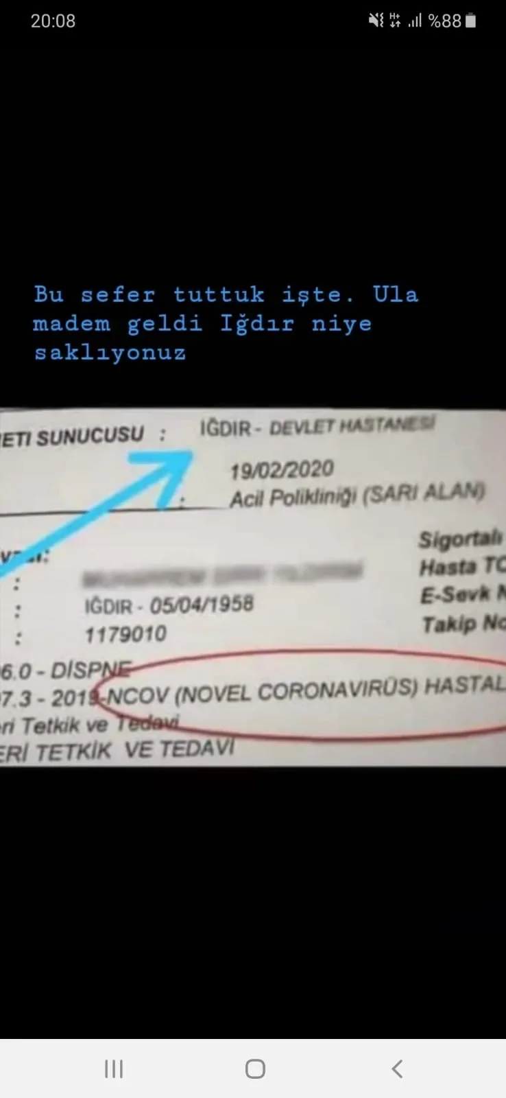 Iğdır Devlet Hastanesi'ne sevkinin yapıldığı ile ilgili iddialar yalan çıktı