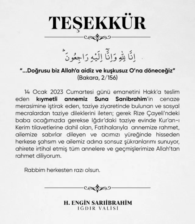 Iğdır Valisi H. Engin Sarıibrahim’ den Teşekkür Mesajı