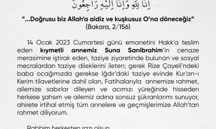 Iğdır Valisi H. Engin Sarıibrahim’ den Teşekkür Mesajı