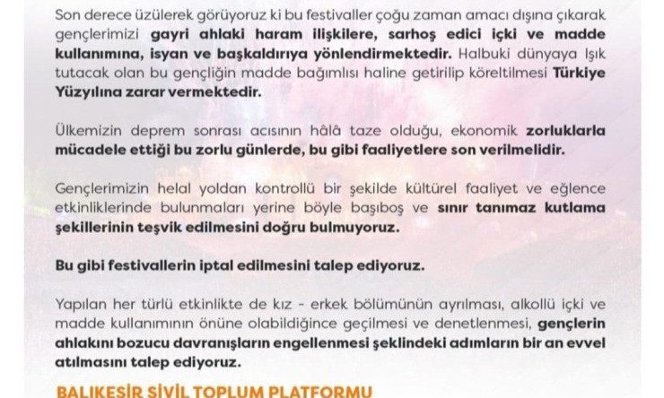 Festivallerin Yasaklanması Talebi: Gençlerin Ahlaki Değerlere Zarar Verdiği İddia Ediliyor