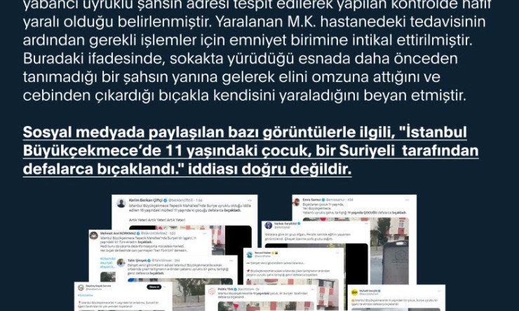 Büyükçekmece'de 11 yaşındaki çocuk bir Suriyeli tarafından defalarca bıçaklandı haberinin yalan olduğu ortaya çıktı